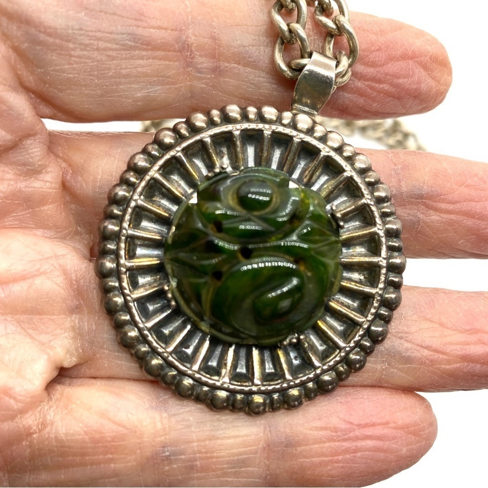 Carved Green Bakelite Necklace Vintage on Silvertone Chain